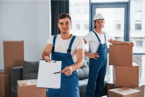 Document to sign. Two young movers in blue uniform working indoors in the room - Alpha packers and movers