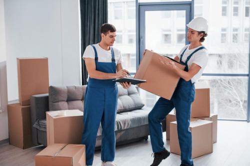 Holds notepad with document. Two young movers in blue uniform working indoors in the room