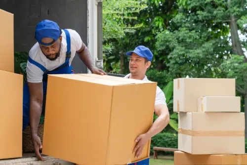 Two-man-movers-worker-in-blue-uniform-unloading-cardboard-boxes-from-truck-alpha-packers-and-movers